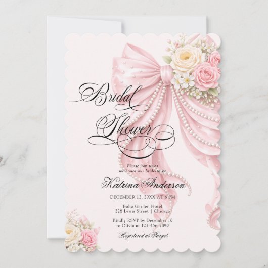 Elegant Pearl Bow Floral Pink Bridal Shower 招待状 (正面)