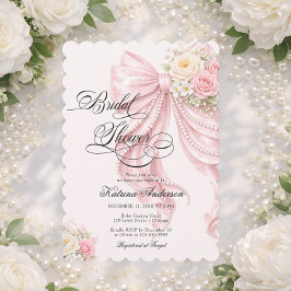 Elegant Pearl Bow Floral Pink Bridal Shower  招待状