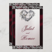 Elegant Pearl, Burgundy Ribbon & Sparkle 招待状 (正面/裏面)