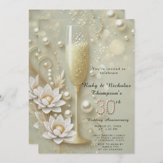 Elegant Pearl & Champagne Glass 30th Wedding Anniv 招待状 (正面/裏面)
