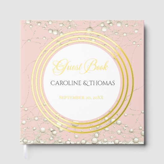Elegant Pearl Gold Script Wedding Romantic Pearls ゲストブック (正面)
