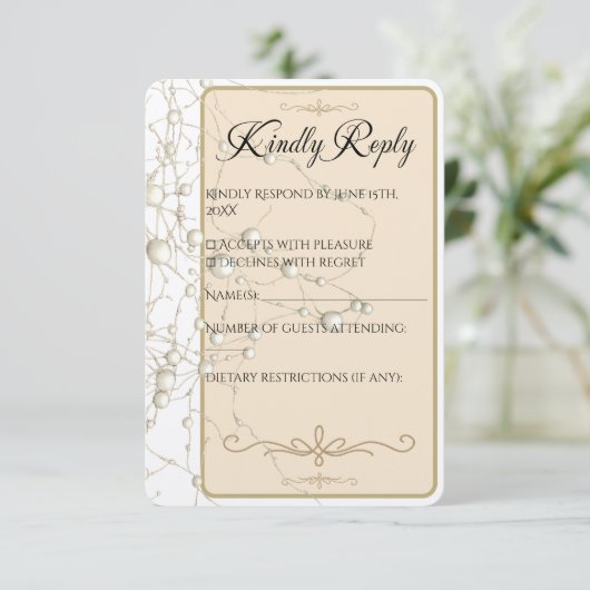 Elegant Pearl Gold Script Wedding Romantic Pearls 出欠カード (スタンド正面)