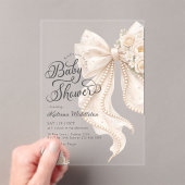 Elegant Pearl White Bow Floral Baby Shower アクリル招待状 (インサイチュ (ポータブル))