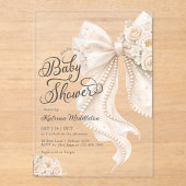 Elegant Pearl White Bow Floral Baby Shower アクリル招待状 (正面)