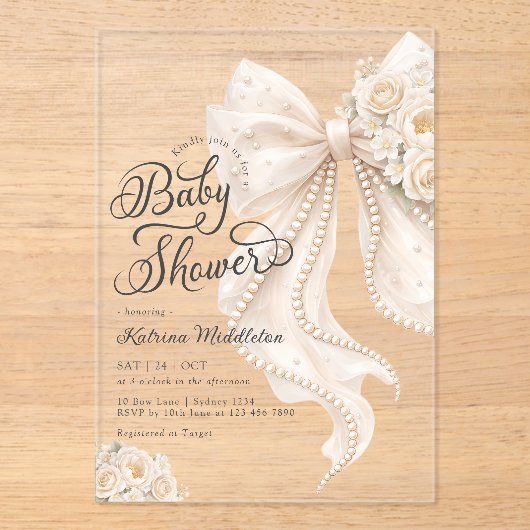 Elegant Pearl White Bow Floral Baby Shower アクリル招待状 (正面)