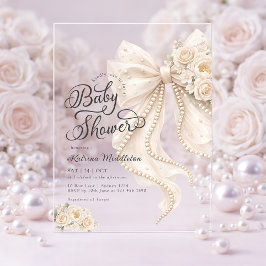 Elegant Pearl White Bow Floral Baby Shower アクリル招待状