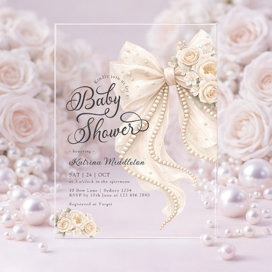 Elegant Pearl White Bow Floral Baby Shower アクリル招待状