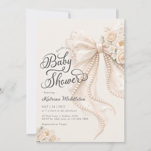 Elegant Pearl White Bow Floral Baby Shower 招待状 (正面)