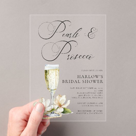 Elegant Pearls and Prosecco Bridal Shower  アクリル招待状 (インサイチュ (ポータブル))