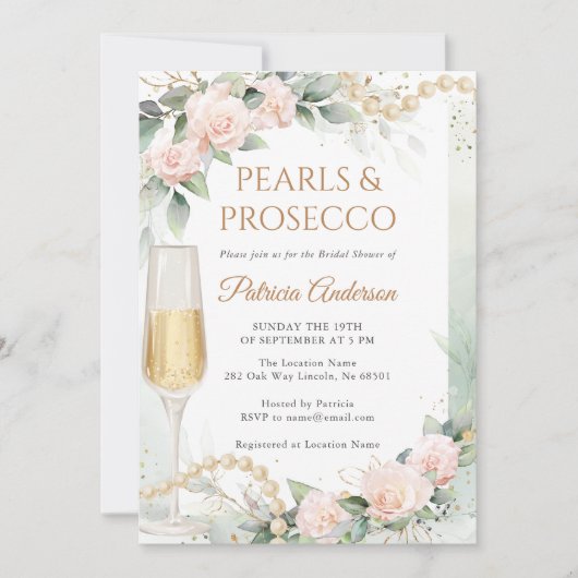 Elegant Pearls and Prosecco Bridal Shower 招待状 (正面)
