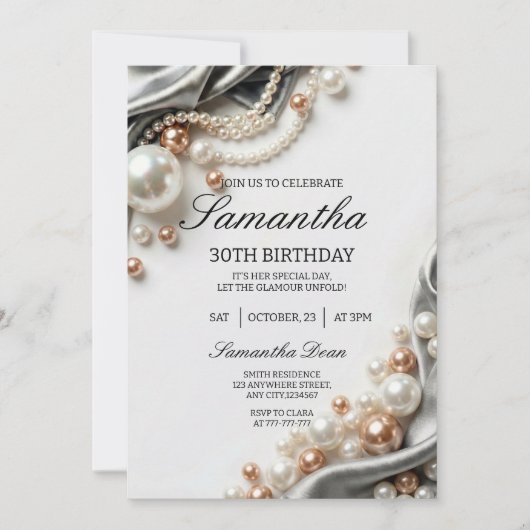 Elegant Pearls and Satin 30th Birthday Invitation 招待状 (正面)