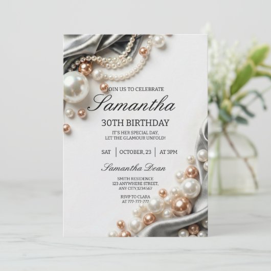 Elegant Pearls and Satin 30th Birthday Invitation 招待状 (スタンド正面)