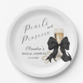 Elegant Pearls & Prosecco Black Bow Bridal Shower  ペーパープレート (正面)