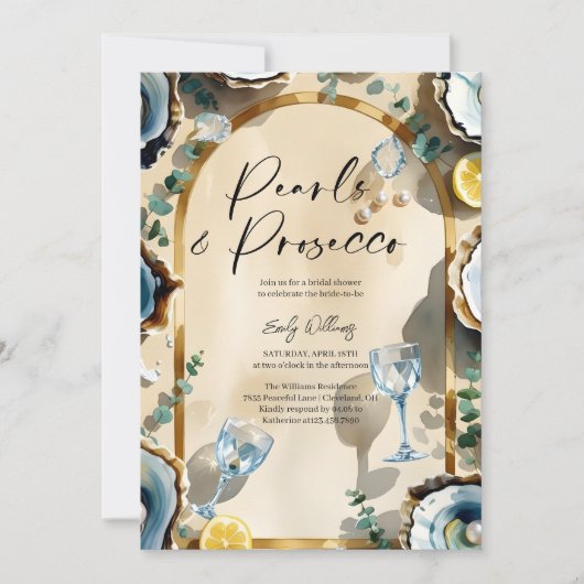 Elegant Pearls & Prosecco Bridal Shower 招待状 (正面)