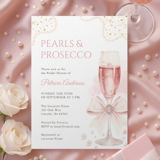 Elegant Pearls & Prosecco Bridal Shower Invitation 招待状