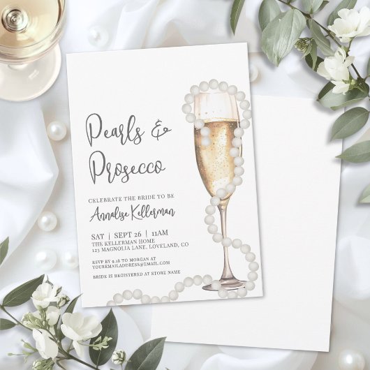 Elegant Pearls & Prosecco Champagne Bridal Shower 招待状
