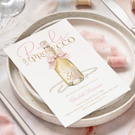 Elegant Pearls & Prosecco Pink Bow 50th Birthday 招待状