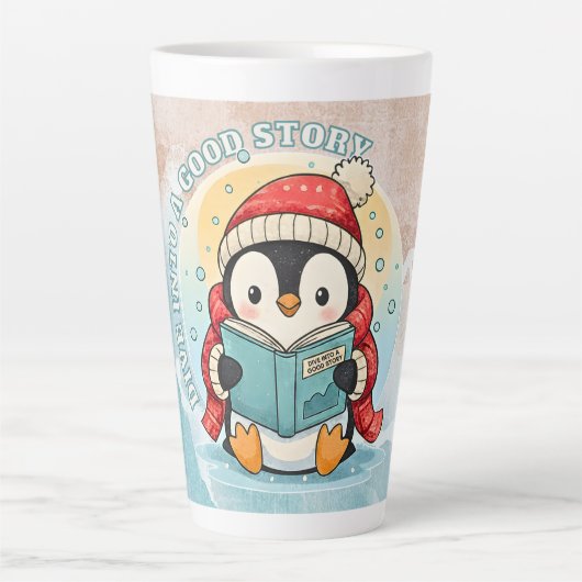 Elegant Penguin Reading Latte Art Coffee Mug カフェラテマグ (正面)