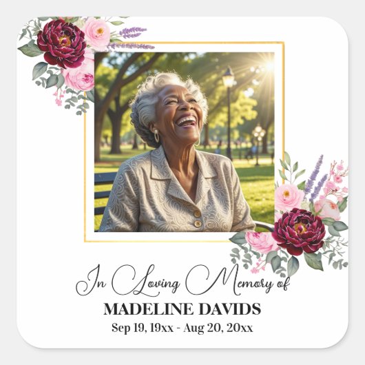Elegant Peonies Photo Funeral スクエアシール (正面)