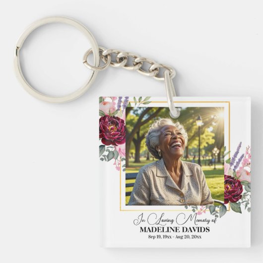 Elegant Peonies Photo Funeral Keepsake  キーホルダー (正面)