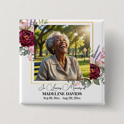 Elegant Peonies Photo Funeral Keepsake  缶バッジ (正面)