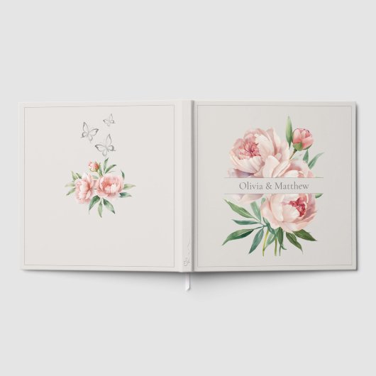 Elegant Peony Wedding Guestbook – Beige Design ゲストブック (全面)