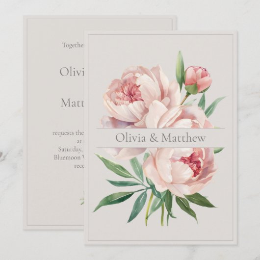 Elegant Peony Wedding Invitation with QR Code 招待状 (正面/裏面)