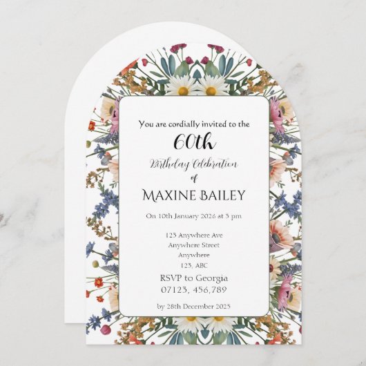 Elegant Personalised Floral Arch 60th Birthday 招待状 (正面/裏面)
