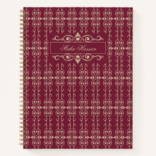 Elegant Personalized Burgundy & Gold Floral Swirl  ノートブック (正面)