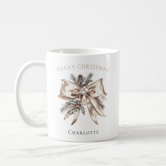 Elegant Personalized Christmas Bow Mug コーヒーマグカップ (左)