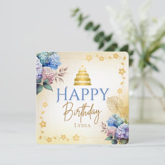 Elegant Personalized Hydrangea Flat Birthday カード (スタンド正面)