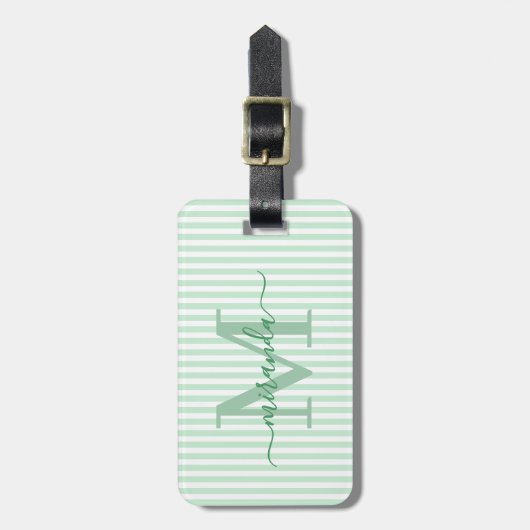 Elegant Personalized Monogram Green Stripe ラゲッジタグ (正面縦)