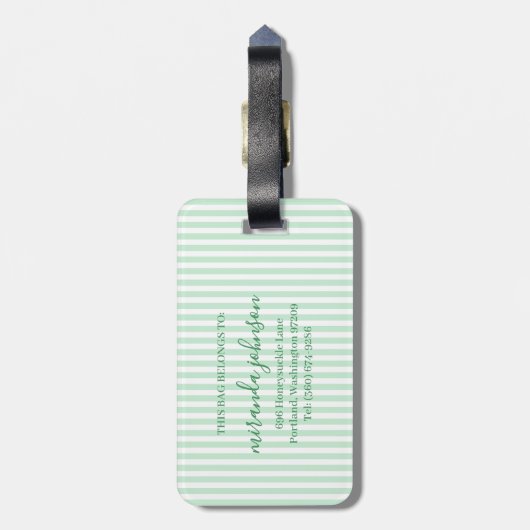 Elegant Personalized Monogram Green Stripe ラゲッジタグ (裏面縦)