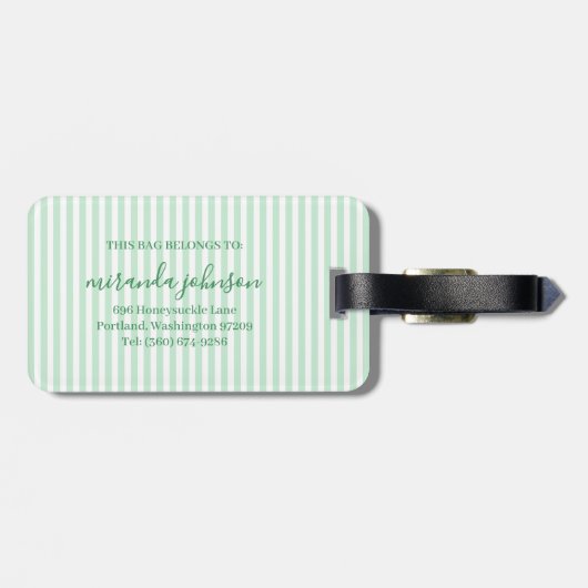 Elegant Personalized Monogram Green Stripe ラゲッジタグ (裏面横)