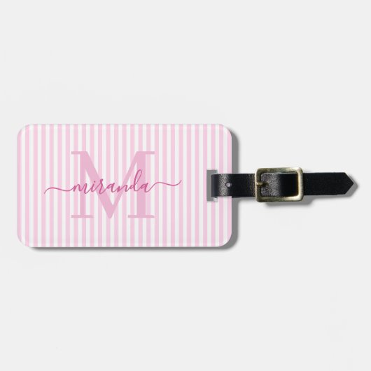 Elegant Personalized Monogram Pink Stripes ラゲッジタグ (正面横)