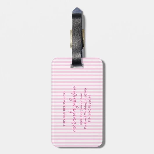 Elegant Personalized Monogram Pink Stripes ラゲッジタグ (裏面縦)