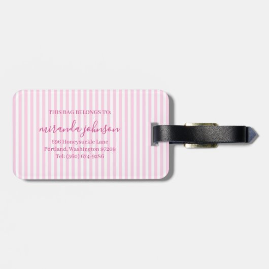 Elegant Personalized Monogram Pink Stripes ラゲッジタグ (裏面横)