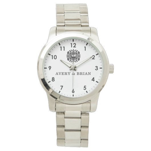 Elegant Personalized White & Black Monogram custom 腕時計 (正面)