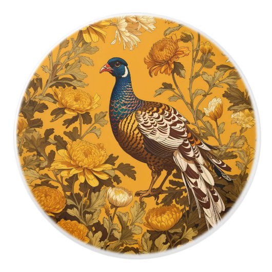 Elegant Pheasant William Morris Inspired セラミックノブ (正面)