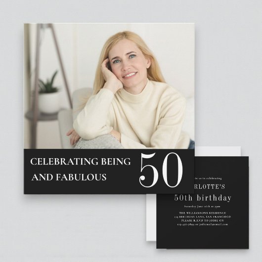 Elegant Photo 50th Birthday Black White Invitation 招待状