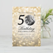 Elegant Photo 50th Birthday Party Gold Bokeh 招待状 (スタンド正面)