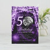 Elegant Photo 50th Birthday Purple Glam Lights 招待状 (スタンド正面)