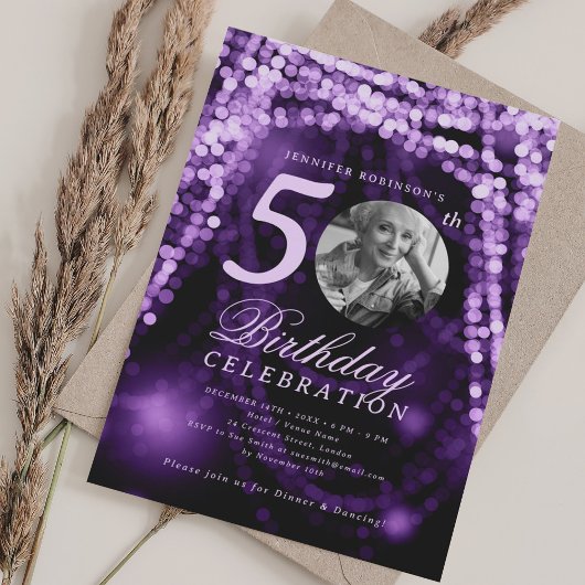 Elegant Photo 50th Birthday Purple Glam Lights 招待状