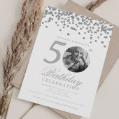Elegant Photo 50th Birthday Silver Confetti 招待状