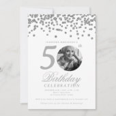Elegant Photo 50th Birthday Silver Confetti 招待状 (正面)