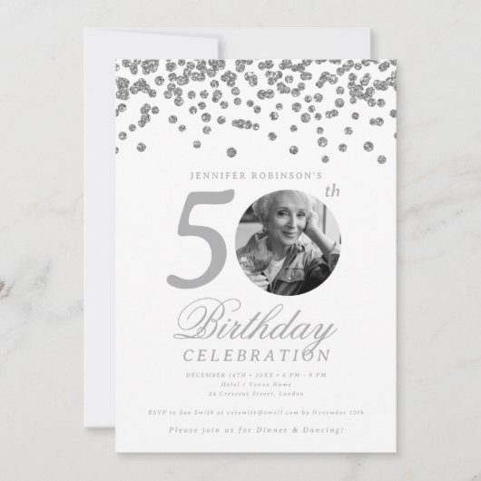 Elegant Photo 50th Birthday Silver Confetti 招待状 (正面)