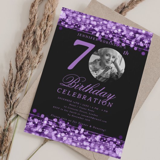 Elegant Photo 70th Birthday Party Purple Lights 招待状