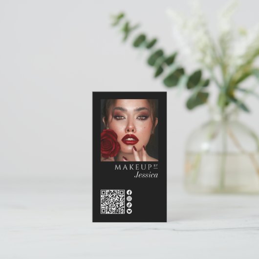 Elegant Photo Black QR Code Social Icons Makeup 名刺 (スタンド正面)