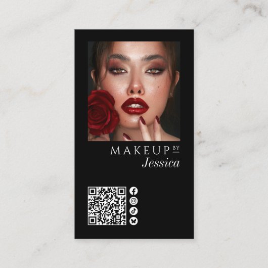 Elegant Photo Black QR Code Social Icons Makeup 名刺 (正面)