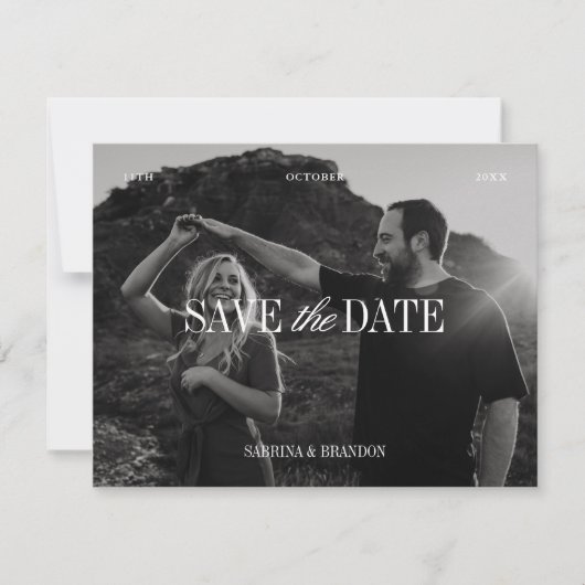 Elegant Photo Black & White Save the Date Card セーブザデート (正面)